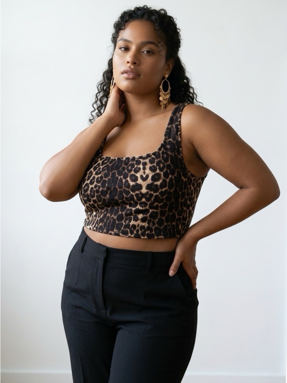 SHEIN Leopard Print Square Neck Crop Tank Top - Brown Black